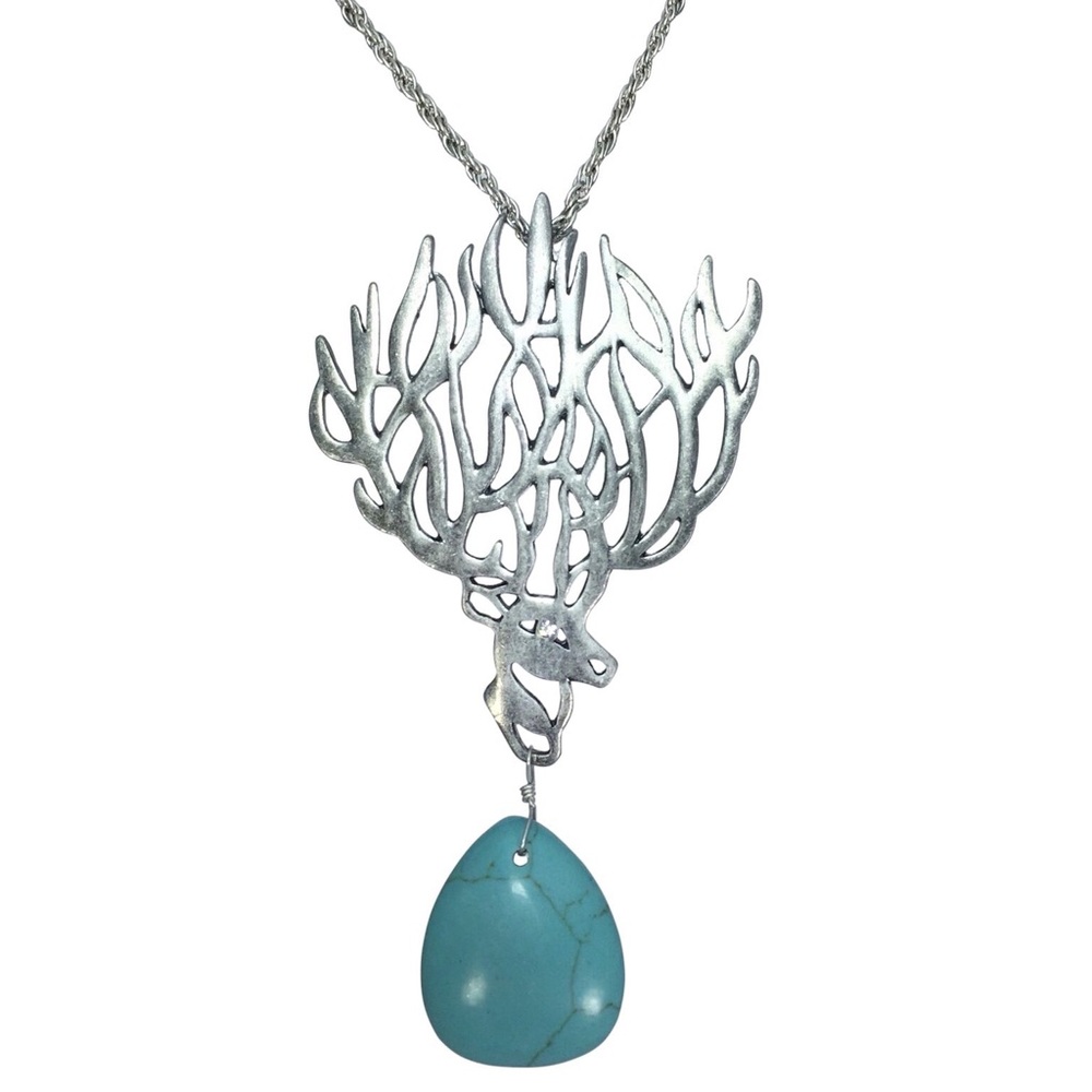 Exaggerated Deer Stag Antler Rack Long Turquoise Stone Silver Necklace
